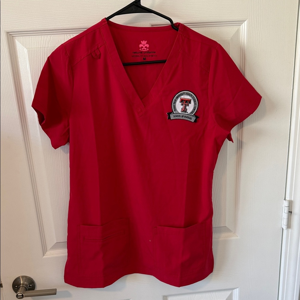 Red V-Neck Medical Scrub Top with Texas Tech SON Patch